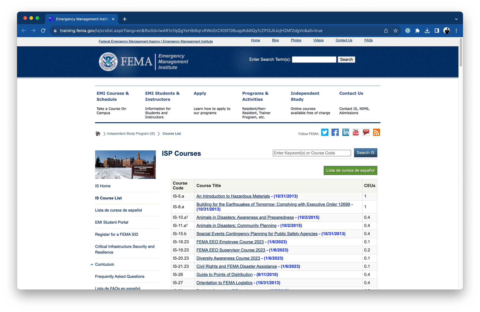 FEMA’s courses on Emergency Management