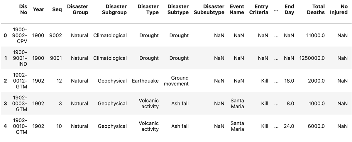 EM-DAT features and columns